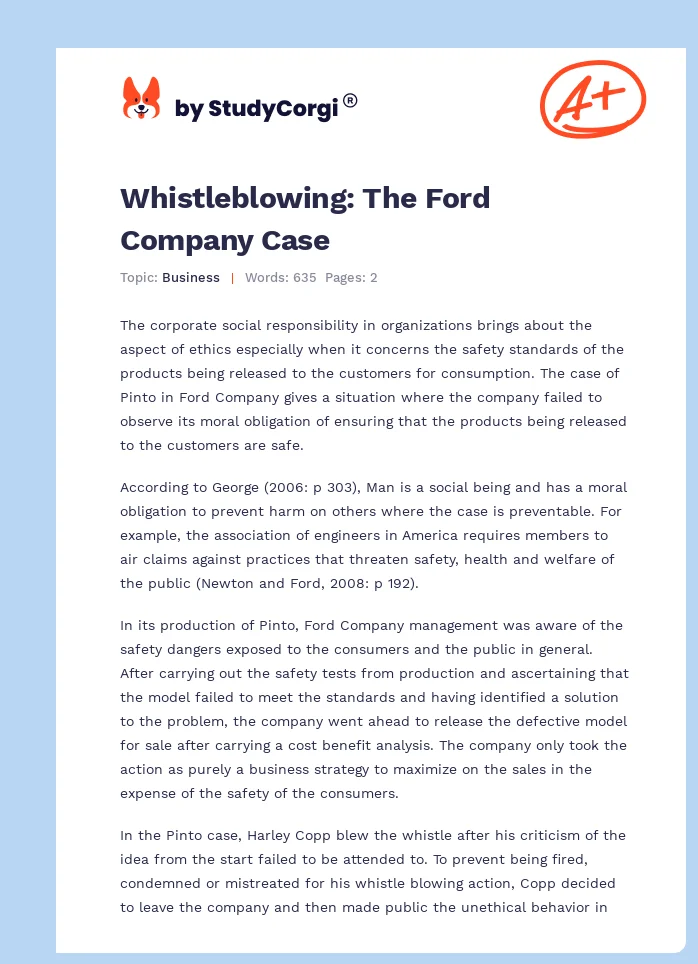 Whistleblowing: The Ford Company Case. Page 1