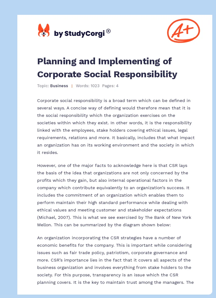 Planning and Implementing of Corporate Social Responsibility. Page 1