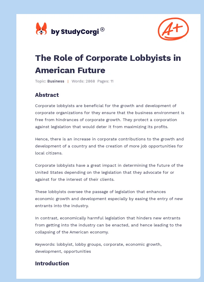 The Role of Corporate Lobbyists in American Future. Page 1