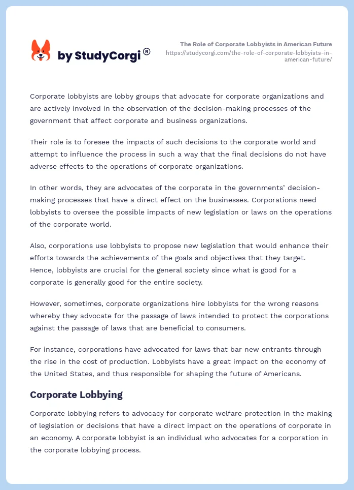 The Role of Corporate Lobbyists in American Future. Page 2