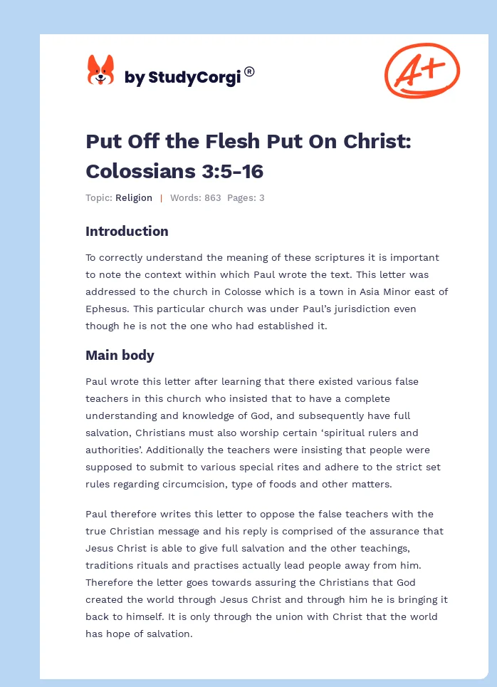 Put Off the Flesh Put On Christ: Colossians 3:5-16. Page 1