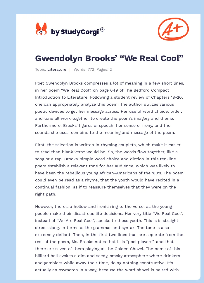 Gwendolyn Brooks’ “We Real Cool”. Page 1