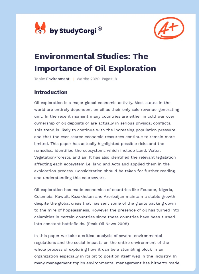 Environmental Studies: The Importance of Oil Exploration. Page 1