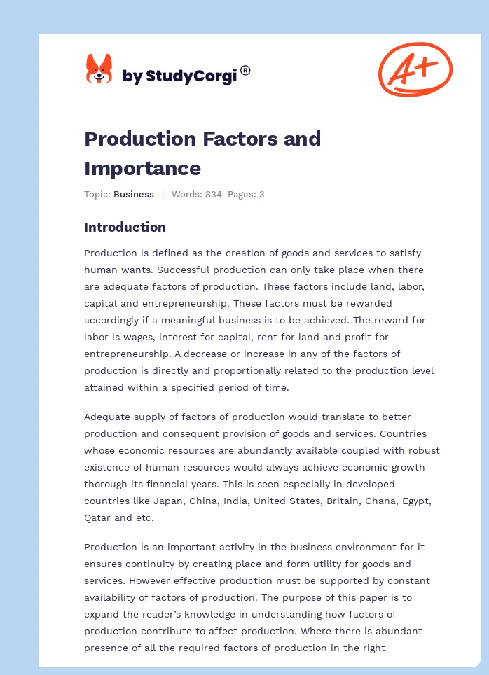 Production Factors and Importance. Page 1