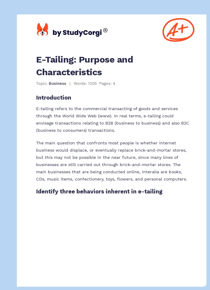 E-Tailing: Purpose and Characteristics. Page 1