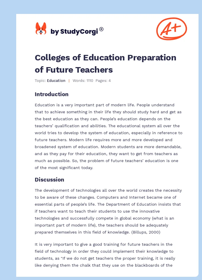 Colleges of Education Preparation of Future Teachers. Page 1