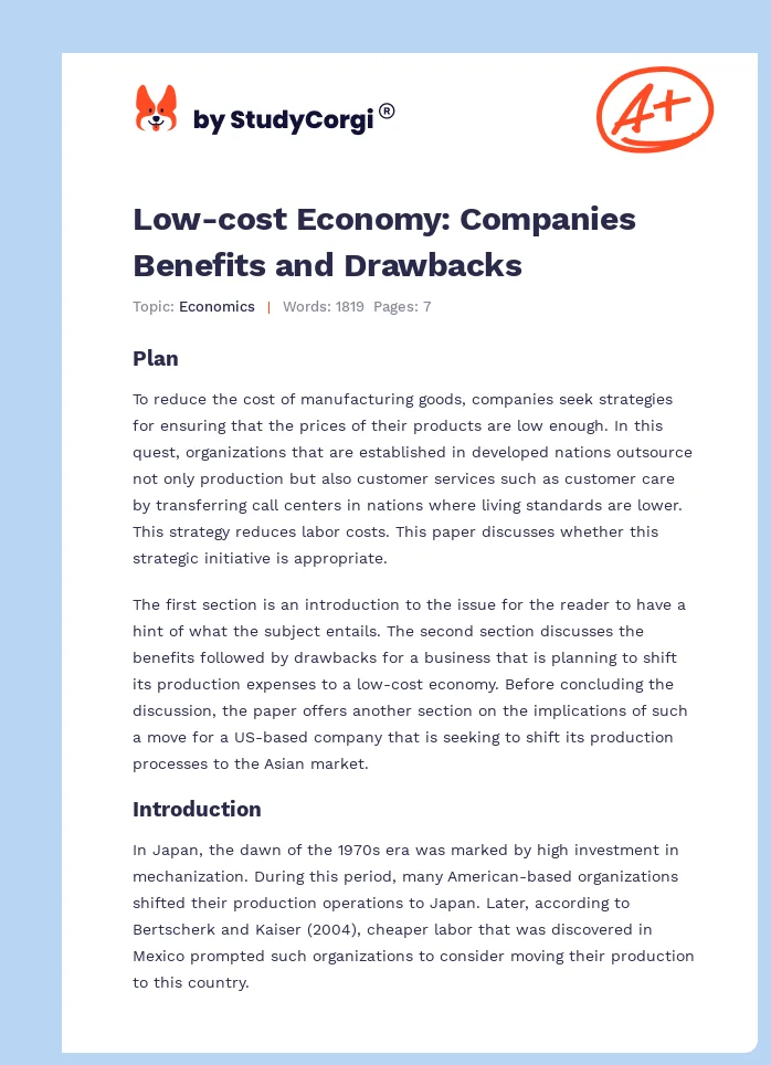 Low-cost Economy: Companies Benefits and Drawbacks. Page 1