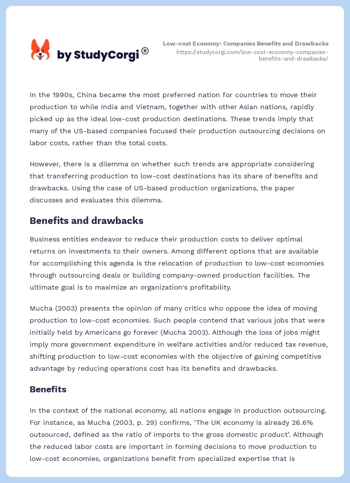 Low-cost Economy: Companies Benefits and Drawbacks. Page 2