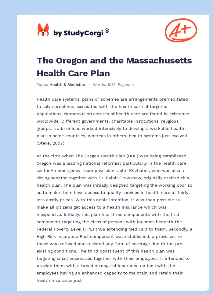 The Oregon and the Massachusetts Health Care Plan. Page 1
