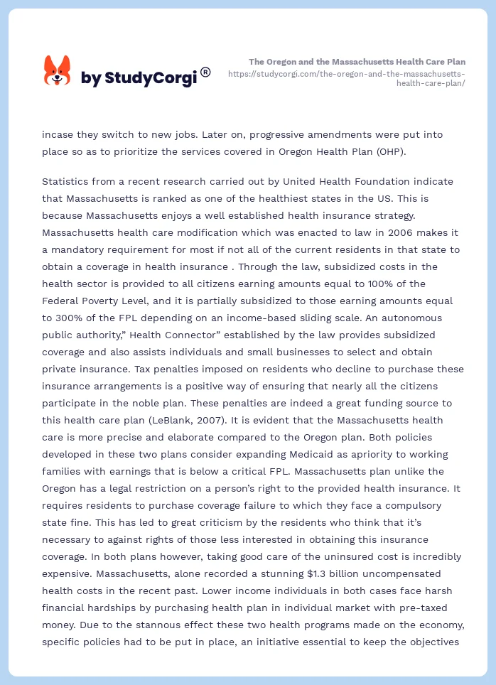 The Oregon and the Massachusetts Health Care Plan. Page 2