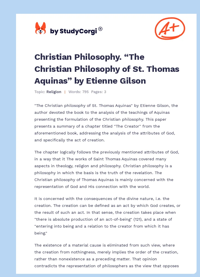 Christian Philosophy. “The Christian Philosophy of St. Thomas Aquinas” by Etienne Gilson. Page 1
