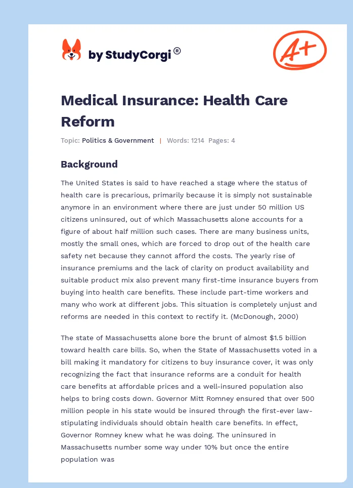 Medical Insurance: Health Care Reform. Page 1