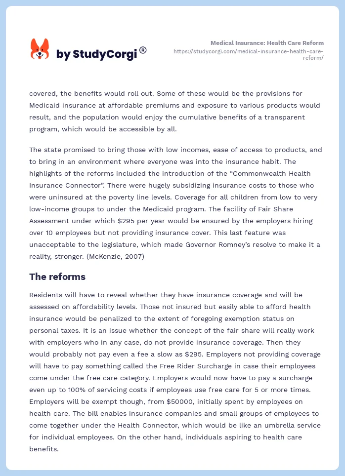 Medical Insurance: Health Care Reform. Page 2