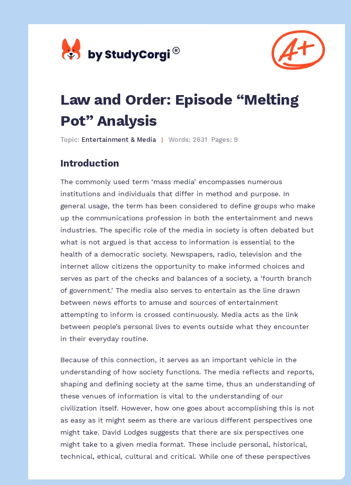 Law and Order: Episode “Melting Pot” Analysis. Page 1