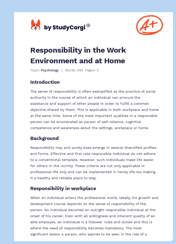 Responsibility in the Work Environment and at Home. Page 1