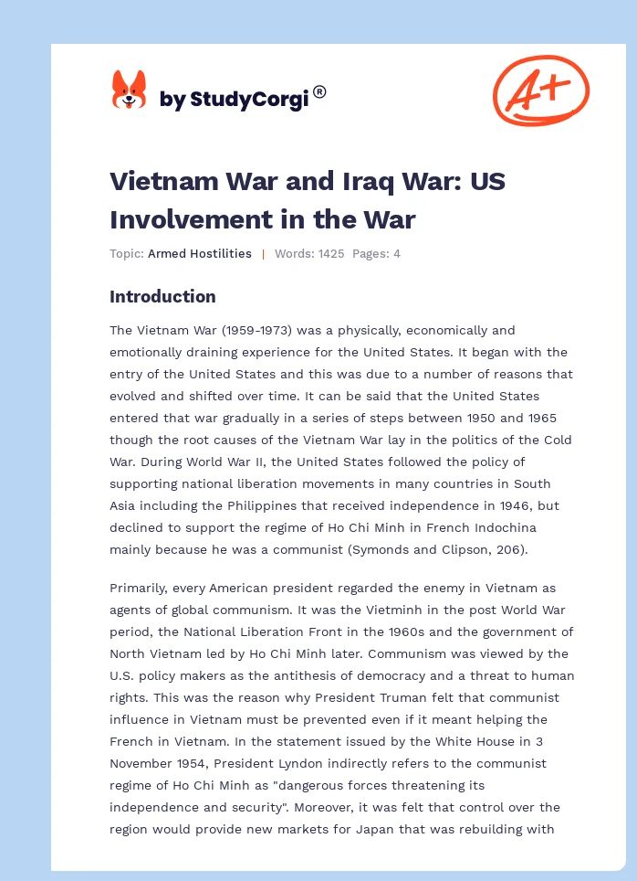 Vietnam War and Iraq War: US Involvement in the War. Page 1