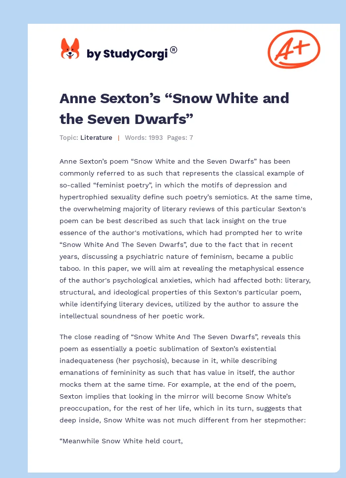 Anne Sexton’s “Snow White and the Seven Dwarfs”. Page 1