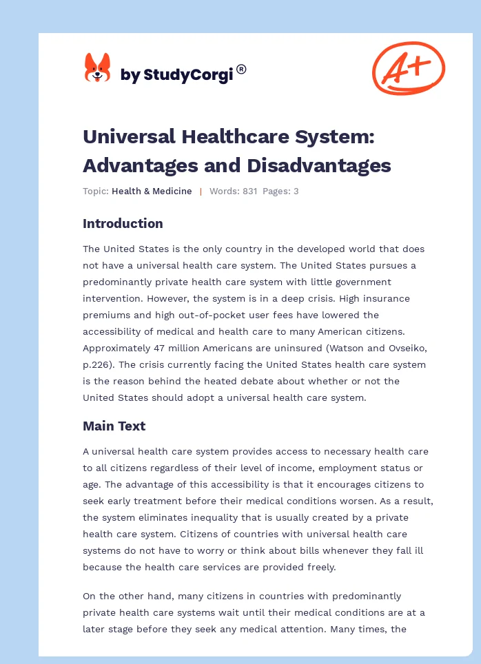 Universal Healthcare System: Advantages and Disadvantages. Page 1