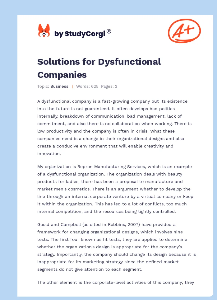 Solutions for Dysfunctional Companies. Page 1