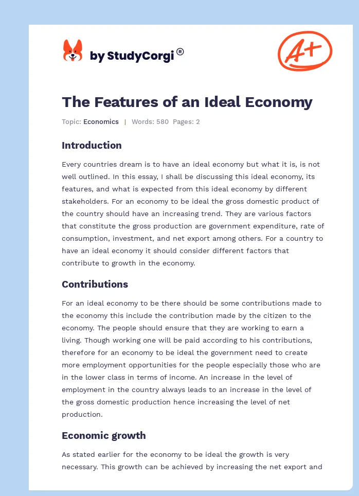 The Features of an Ideal Economy. Page 1