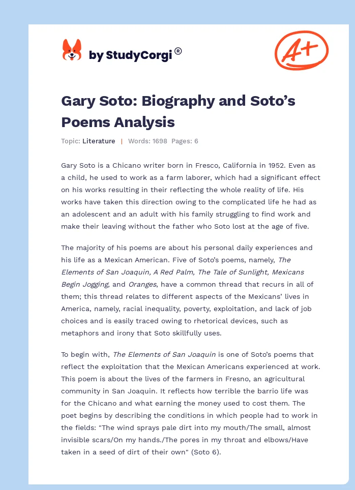Gary Soto: Biography and Soto’s Poems Analysis. Page 1