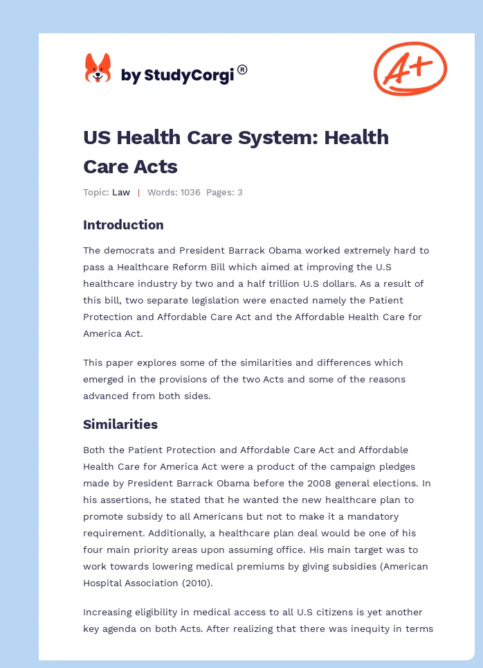 US Health Care System: Health Care Acts. Page 1