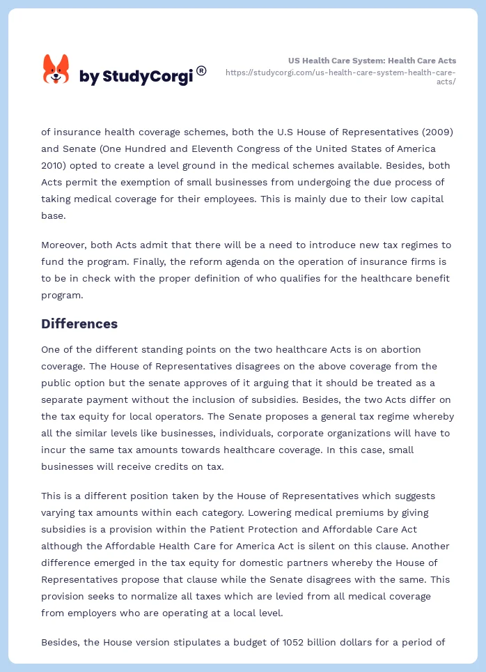 US Health Care System: Health Care Acts. Page 2