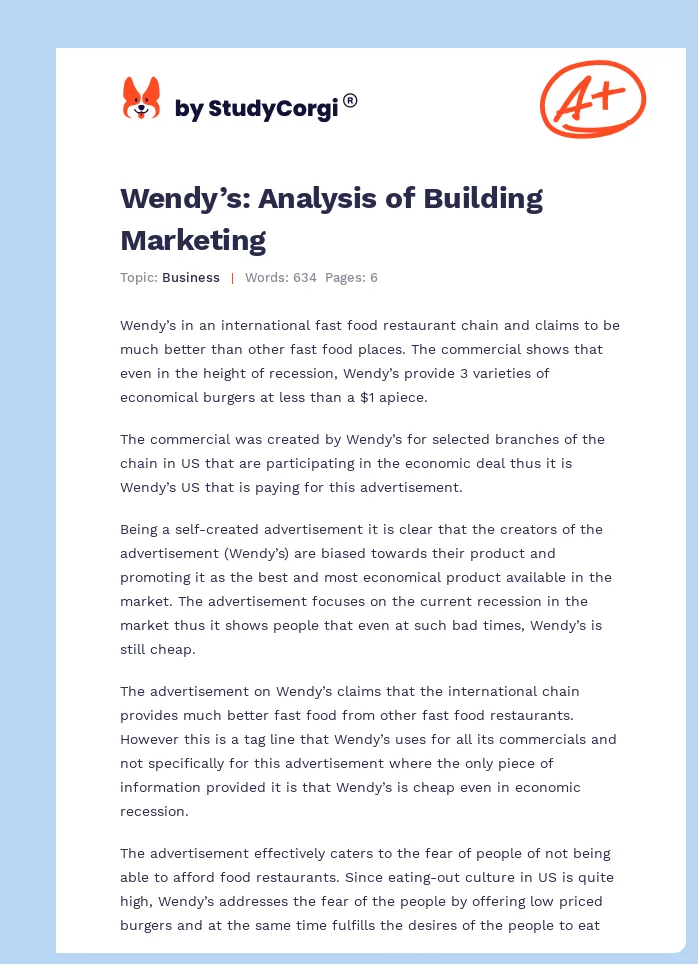 Wendy’s: Analysis of Building Marketing. Page 1