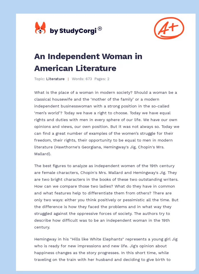 An Independent Woman in American Literature. Page 1