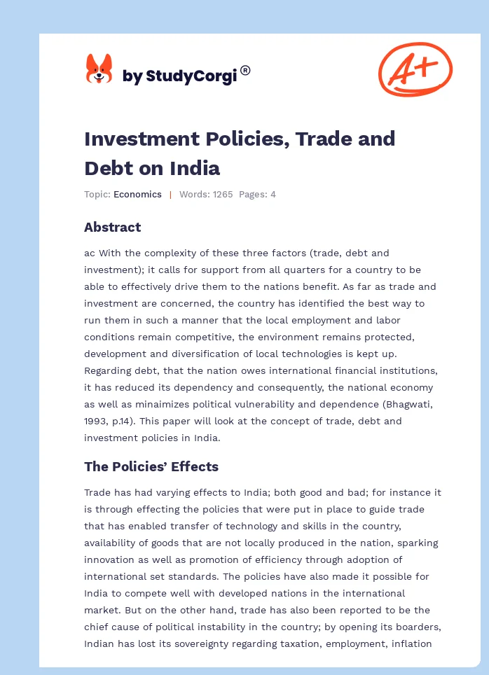 Investment Policies, Trade and Debt on India. Page 1