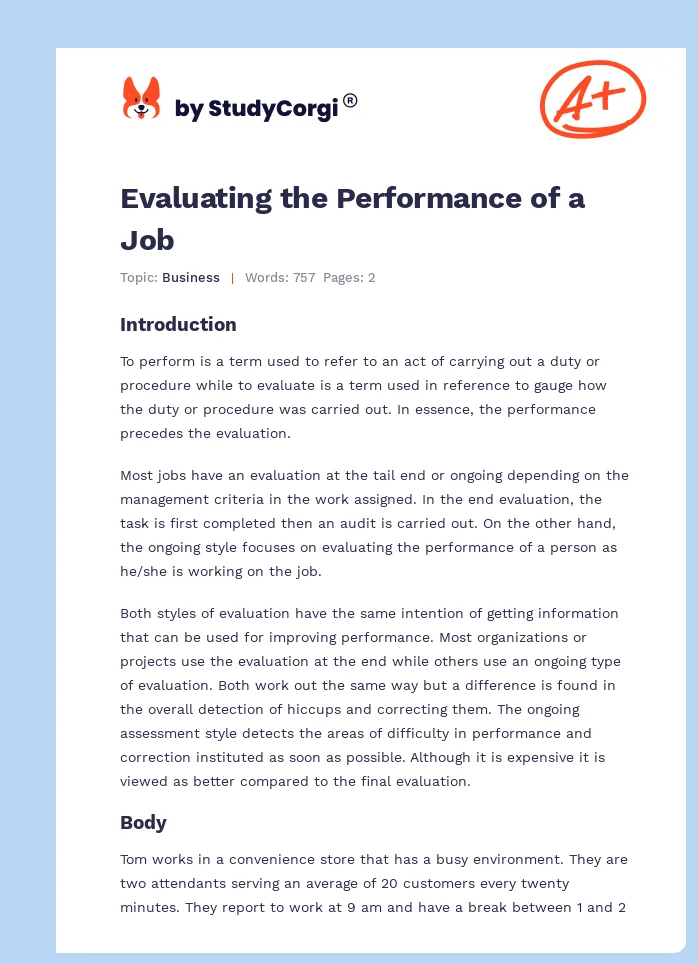 Evaluating the Performance of a Job. Page 1