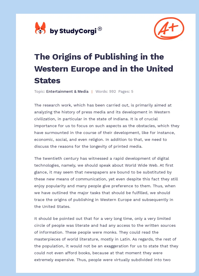 The Origins of Publishing in the Western Europe and in the United States. Page 1