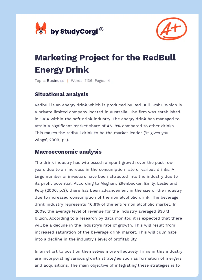 Marketing Project for the RedBull Energy Drink. Page 1
