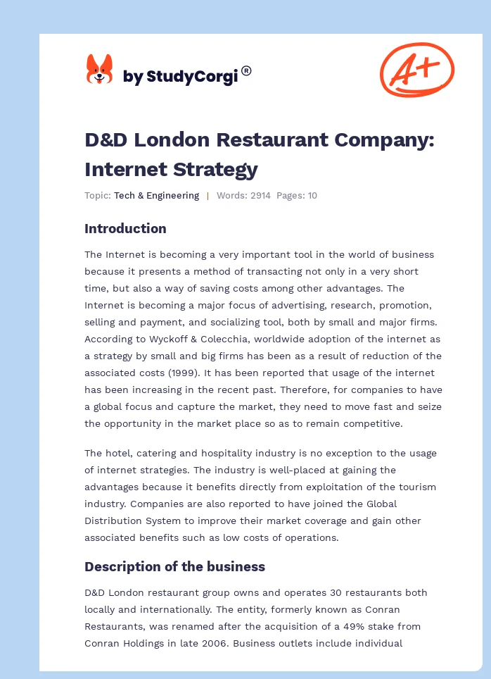 D&D London Restaurant Company: Internet Strategy. Page 1