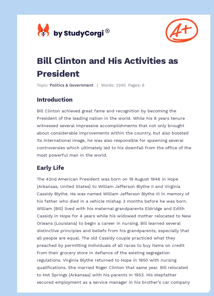 Bill Clinton and His Activities as President. Page 1