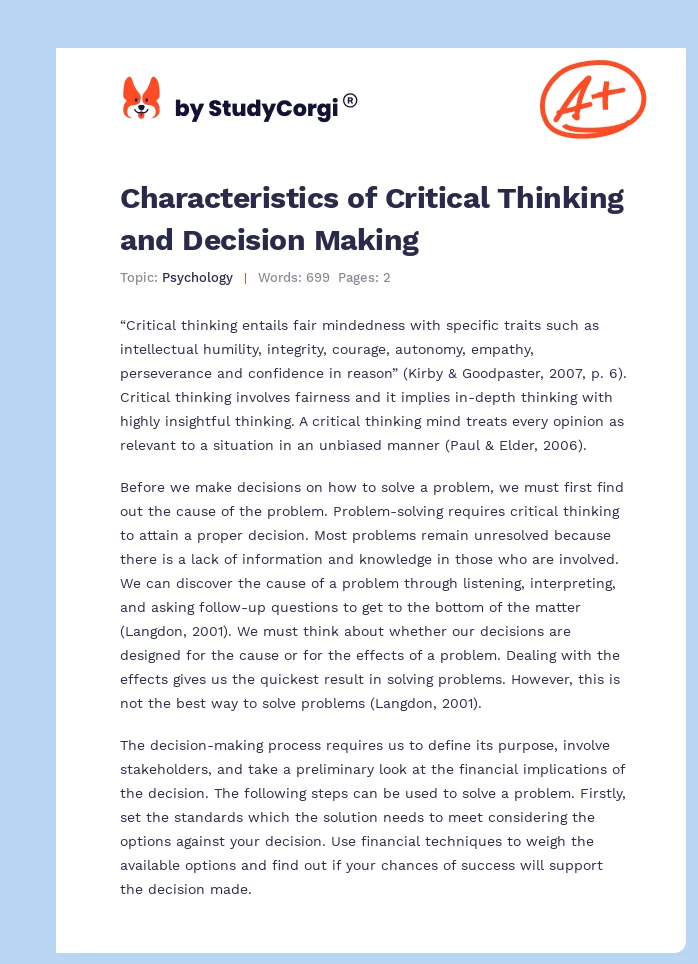 Characteristics of Critical Thinking and Decision Making. Page 1