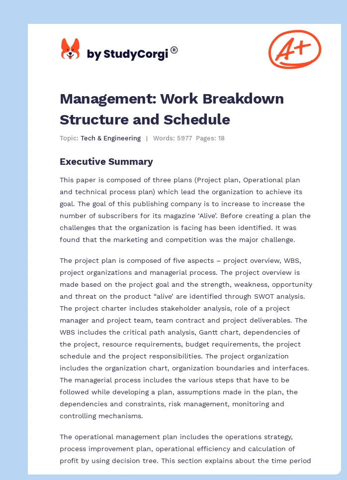 Management: Work Breakdown Structure and Schedule . Page 1