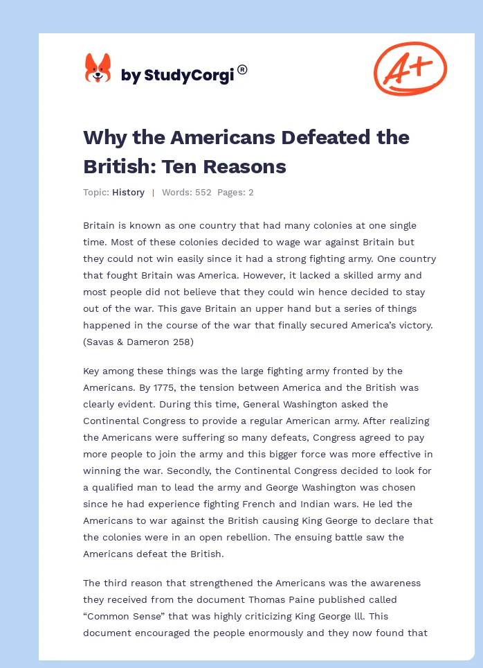 Why the Americans Defeated the British: Ten Reasons. Page 1