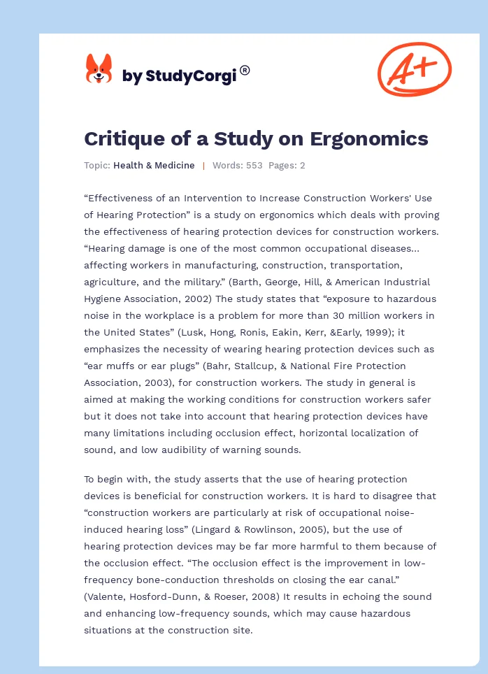 Critique of a Study on Ergonomics. Page 1