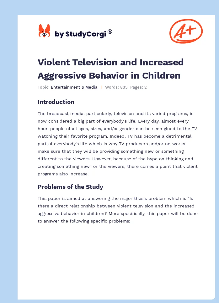 Violent Television and Increased Aggressive Behavior in Children. Page 1