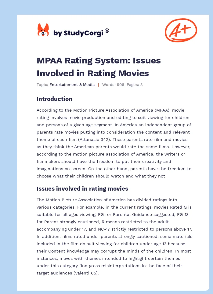 MPAA Rating System: Issues Involved in Rating Movies. Page 1
