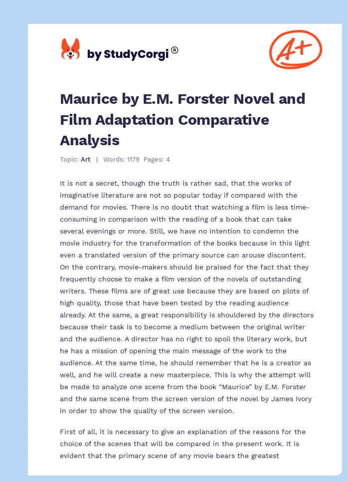 Maurice by E.M. Forster Novel and Film Adaptation Comparative Analysis. Page 1