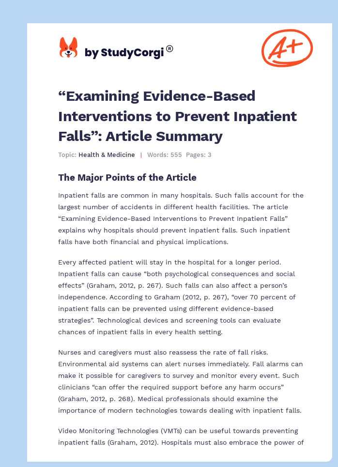 “Examining Evidence-Based Interventions to Prevent Inpatient Falls”: Article Summary. Page 1