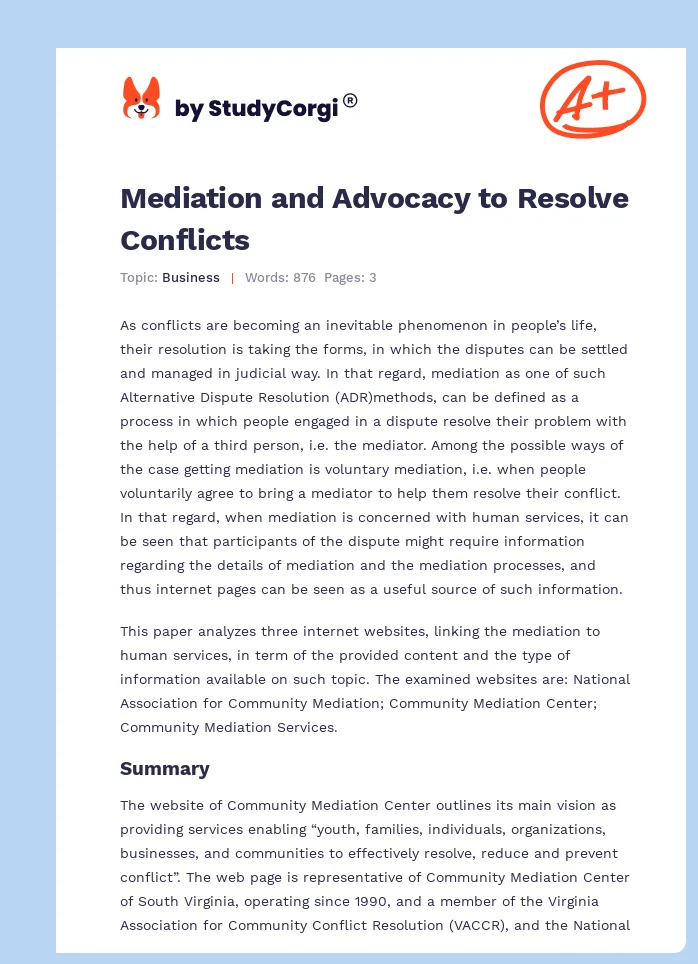 Mediation and Advocacy to Resolve Conflicts. Page 1