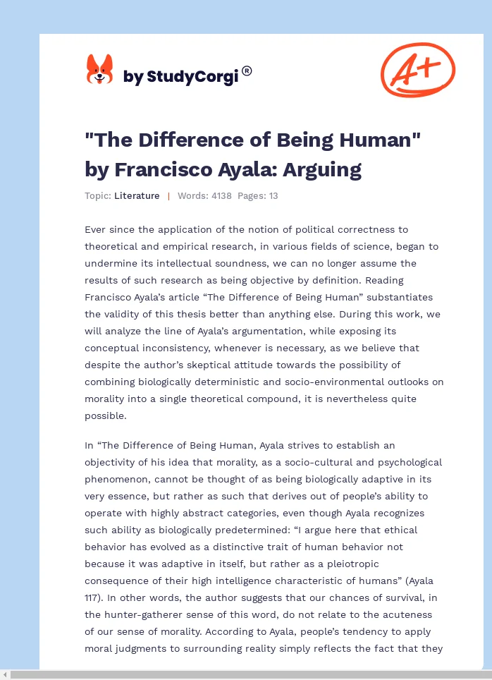 "The Difference of Being Human" by Francisco Ayala: Arguing. Page 1