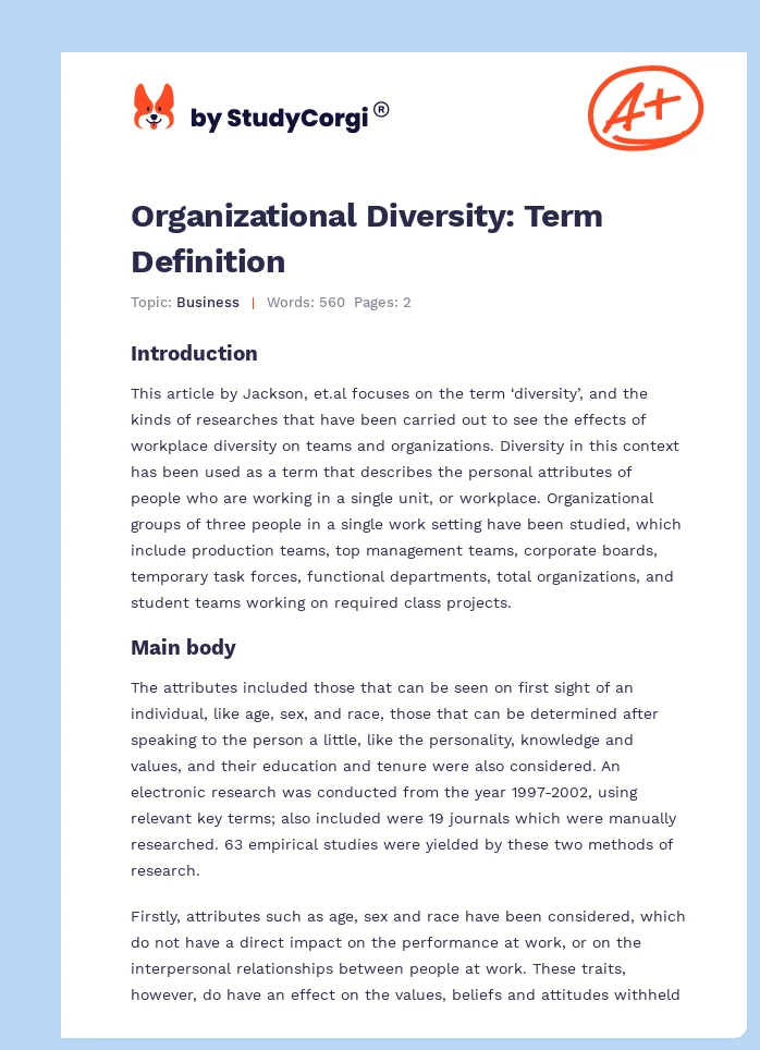 Organizational Diversity: Term Definition. Page 1