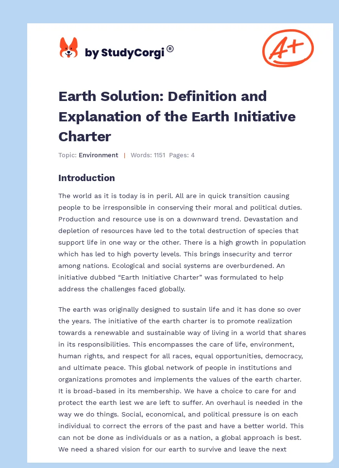 Earth Solution: Definition and Explanation of the Earth Initiative Charter. Page 1