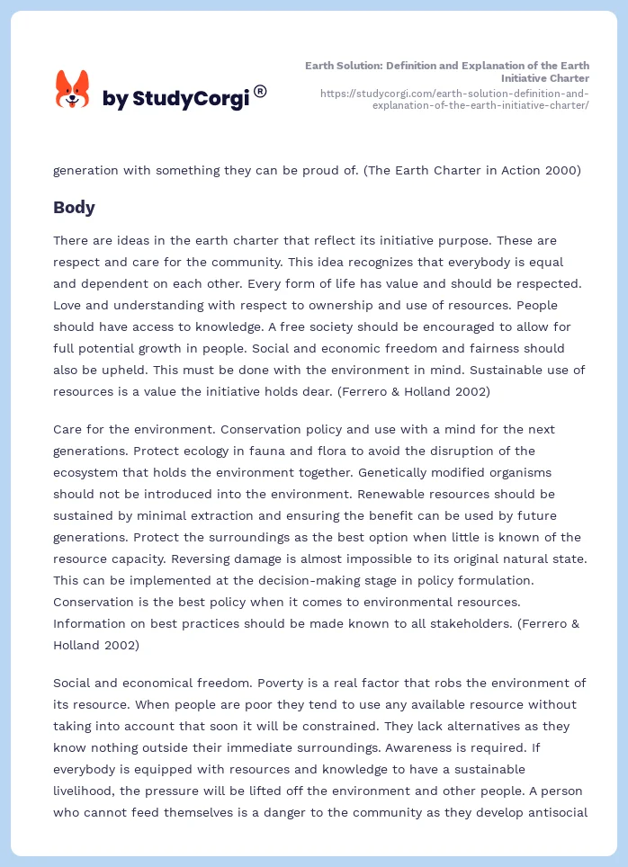 Earth Solution: Definition and Explanation of the Earth Initiative Charter. Page 2