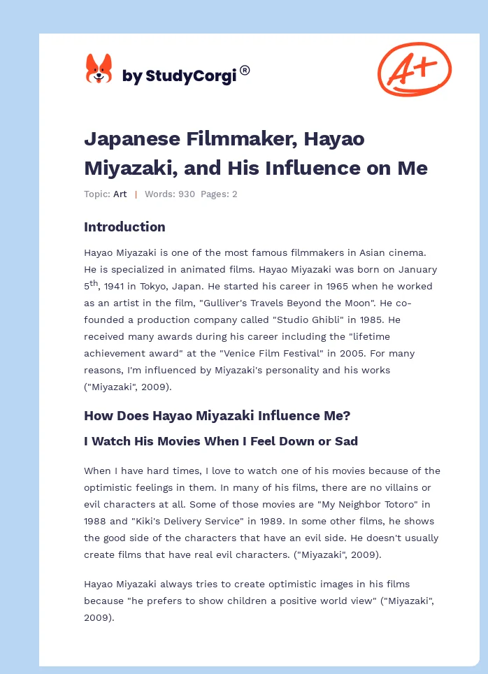 Japanese Filmmaker, Hayao Miyazaki, and His Influence on Me. Page 1