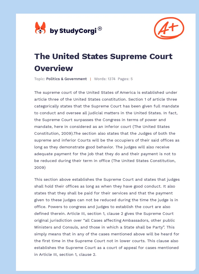 The United States Supreme Court Free Essay Example